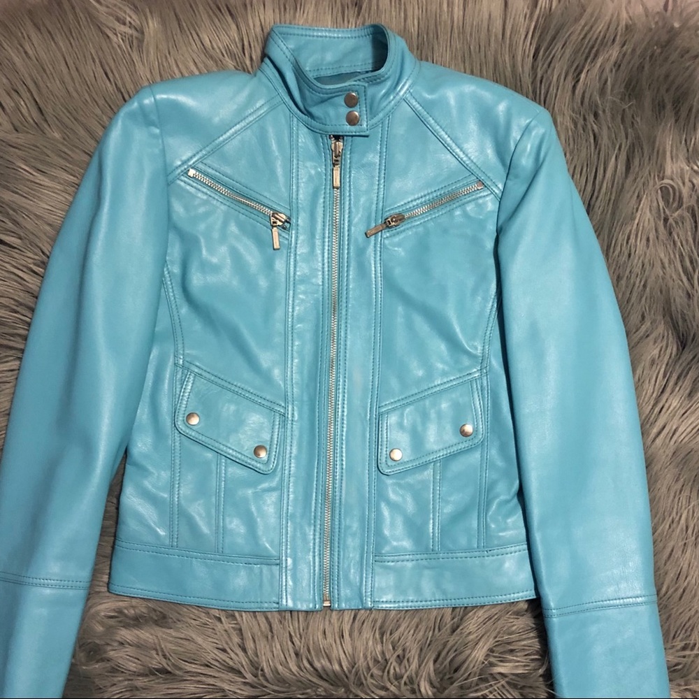 Cache Genuine Leather Baby Blue Leather Jacket